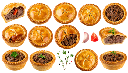Assortment of savory, golden-crusted pies, some cut, surrounded by fresh ingredients