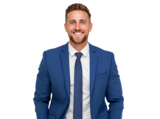 a handsome man in a light grey blazer, white shirt, and jeans is smiling while holding a laptop, isolated on a transparent png background