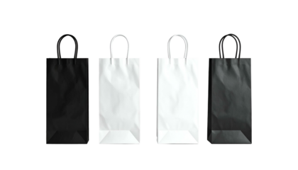 Four paper shopping bags of alternating black and white, viewed straight-on, isolated