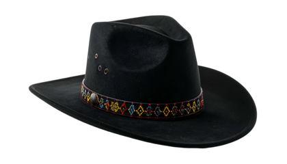 Angled, black felt hat with decorative band, three eyelets, and a wide brim