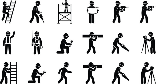 Construction worker icon silhouettes performing multiple site tasks with tools and equipment isolated on white background representing industry safety labor workflow pictograms