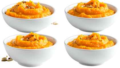 Four white bowls, each filled with creamy, bright orange pumpkin puree, garnished with seeds