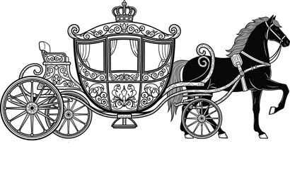 Ornate black silhouette of a royal horse and carriage with intricate filigree patterns and a crown for fairytale weddings, luxury branding, and historical themes.