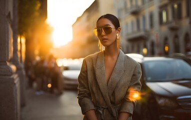 High-Fashion Street Style Portrait in Milan with a Model in Oversized Outfit, young woman walking in the city