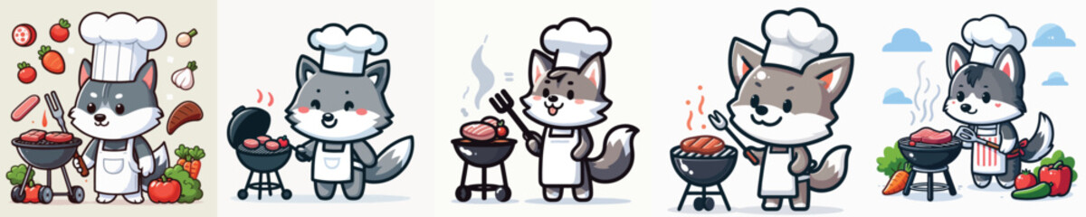 cute wolf vector grilling meat