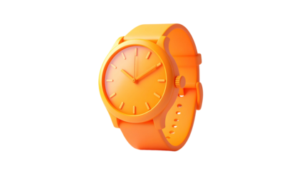 A vivid orange wristwatch on a black background; rendered in a simple, graphic style