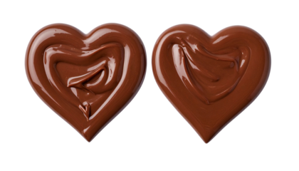 Two chocolate heart shapes, swirled, glossy, against black background