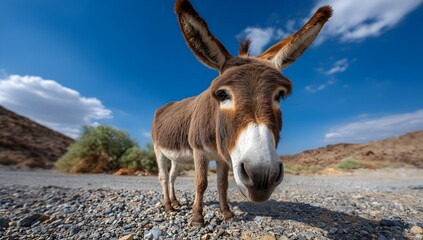 A close-up, eye-level shot of a gray donkey standing on a paved road. The donkey is looking directly at the camera with a curious expression. A blurred background features greenery and a blue sky 