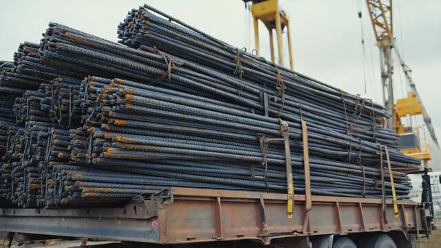  industrial flatbed trailer loaded with long steel reinforcement bars is secured for transport