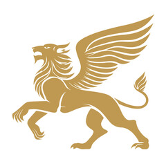Golden winged lion illustration on white background symbol of strength