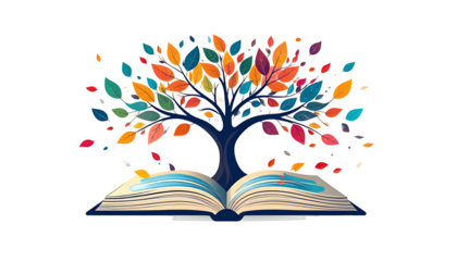 A vibrant, opened book supports a tree with colorful leaves floating, representing knowledge