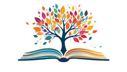 An open book supporting a tree with colorful leaves against a black background