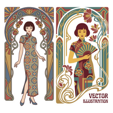 Elegant Women in Traditional Attire: Art Nouveau-inspired illustrations depict graceful women adorned in exquisite attire, showcasing the allure of heritage and culture.