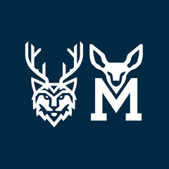 Stylized deer and wolf head logos on dark blue background