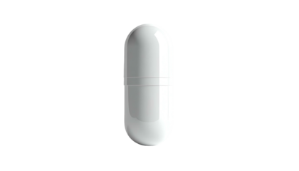 Isolated close-up of a white, oblong capsule with a slight seam, set against black