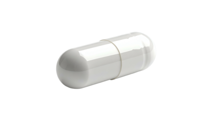Single, glossy, white capsule on a solid black background, showcasing smooth contours
