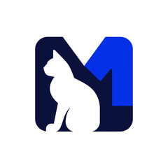 Stylized silhouette of a cat inside initial letter m logo modern design