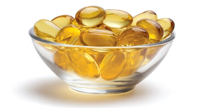 A small, clear glass bowl is brimming with numerous translucent yellow gel capsules, likely containing vitamins or supplements, gleaming brightly against a pure white background. - Powered by Adobe