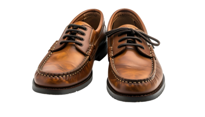 A pair of brown leather shoes, laced up, presented on a black background