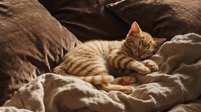 Ginger Kitten Napping Peacefully On Bed Amidst Luxurious Brown Cushions And Cozy Blanket