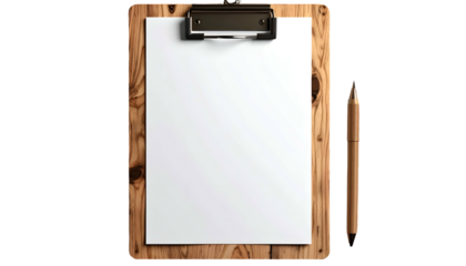 A wooden clipboard with blank paper and a pen lies on a black background
