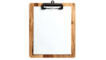 A wooden clipboard holds a blank white paper sheet, with a metallic clip