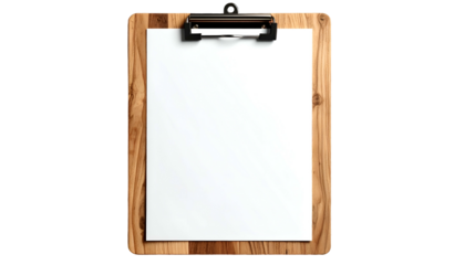 A wooden clipboard holds a blank white paper sheet, with a metallic clip