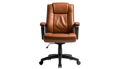 A brown leather office chair is shown head-on against a solid black background