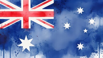 Gritty Watercolor Australia Flag. A rectangular Australia flag featuring an edgy, distressed watercolor style with vibrant blue and red paint splatters and vertical drips along the bottom edge.