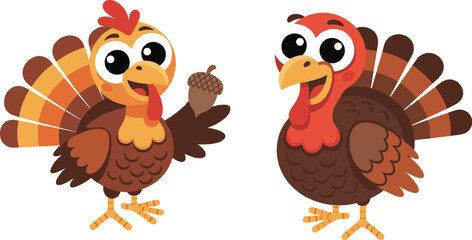 Cartoon turkey illustration with colorful feathers and cheerful expressions for Thanksgiving, autumn, and festive holiday themes.