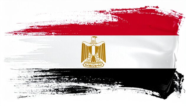 Artistic Egypt Flag with Red White and Black Paint Brush Strokes and Golden Eagle of Saladin Symbol