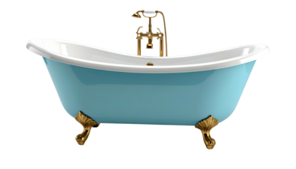 Retro, clawfoot bathtub in a light blue color with gold fixtures against a black background