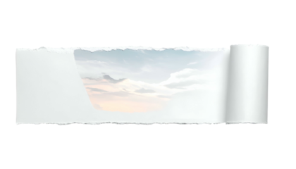 Torn paper revealing a scenic sky vista through the ragged hole and rolled edge