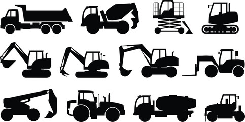 Construction vehicle silhouette icon set with excavator, dump truck, mixer, and more for industrial, building, and engineering themes. © Sharon Creatives
