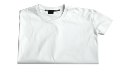 A folded, pristine white t-shirt on a black background, showcasing the collar and sleeve