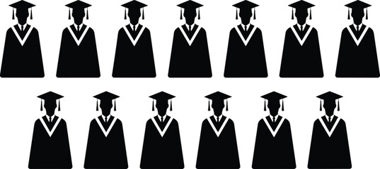 Graduation silhouette icon set with caps and gowns for academic ceremony, student achievement, and educational milestone themes.