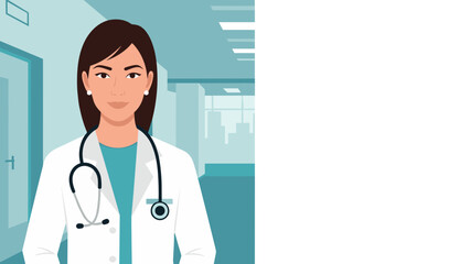 Women's Day Female Doctor in Hospital &mdash; Corporate Flat Vector with Light Blue and Teal Palette, Large Copy Space