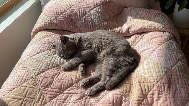 Gray Kitten Serenity A Peaceful Nap On A Cozy Quilt In Sunny Room Window