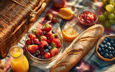 Summer Picnic Basket Filled with Fresh Fruits and a Classic French Baguette, fresh fruit salad