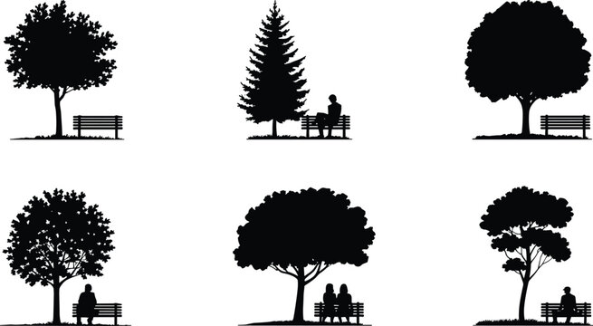 Park bench and tree silhouette set with seated figures for nature, relaxation, and outdoor lifestyle themes.