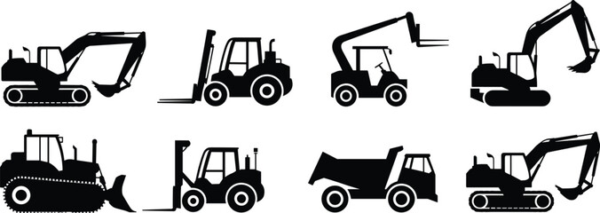 Silhouettes of construction vehicles and heavy machinery, ideal for engineering, industrial, and equipment design illustration projects. © Sharon Creatives