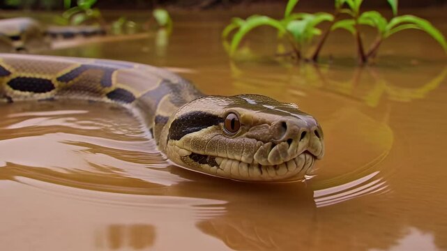 Close-up of a large anaconda snake swimming in a muddy river in the Amazon rainforest.