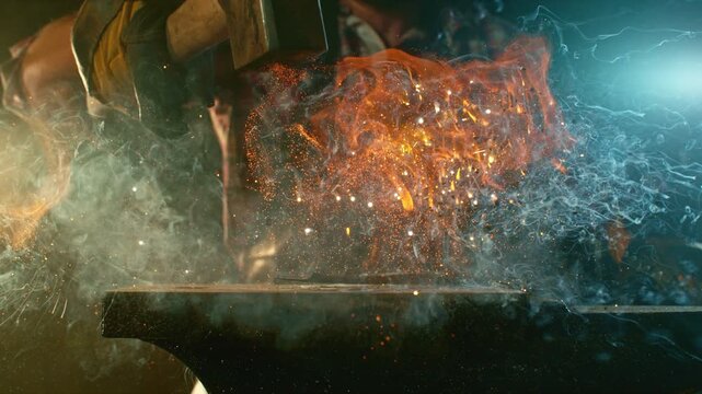 Cinematic close-up of blacksmith forging glowing hot iron on anvil with sparks flying. Shot in dramatic lighting on dark background with high-speed camera at 1000fps. Camera in motion. Speed Ramp.