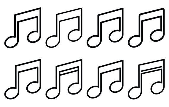 love music note line icon set. Simple outline collection for valentines day. Editable stroke vector illustration black outline shape on transparent background.