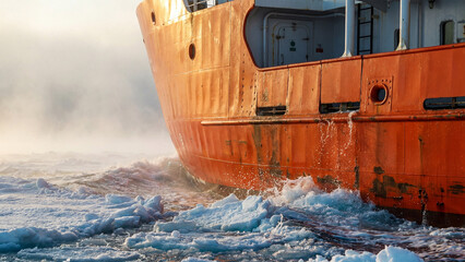 Close-up of an orange icebreaker ship hull cutting through frozen ice floes in the Arctic sea.