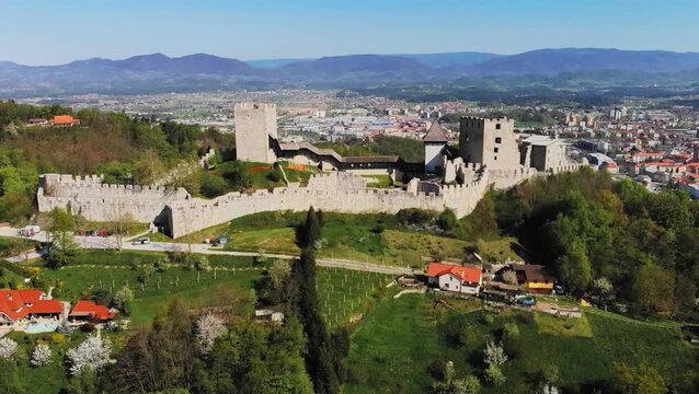 Aerial view of Celje Castle ruins and surrounding hills