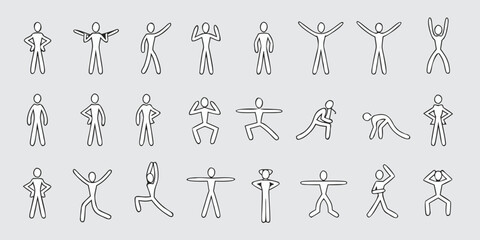 A collection of simplistic gray stick figure illustrations in various poses