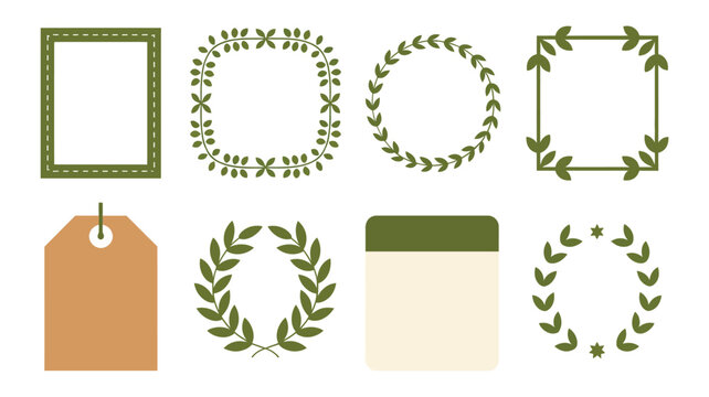 Elegant laurel wreath frames vector set with circle borders, square leaves, gift tags for wedding invitation, anniversary certificate, award design