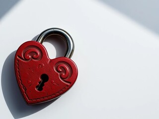 Crimson heart padlock, intricately forged, awaits its mate key on stark geometric backdrop Macro detail reveals love's robust, enduring artistry,  marriage symbol,  strong love