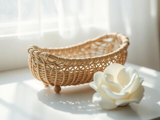 Ethereal sheen on porcelain, woven cradle, sculpted wood art,  minimal,  placemat